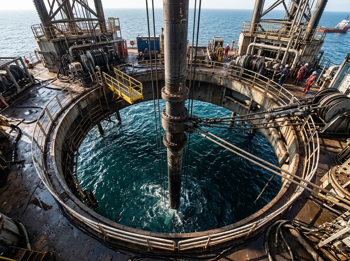 Offshore rig moonpool and drill riser descending into deep ocean water