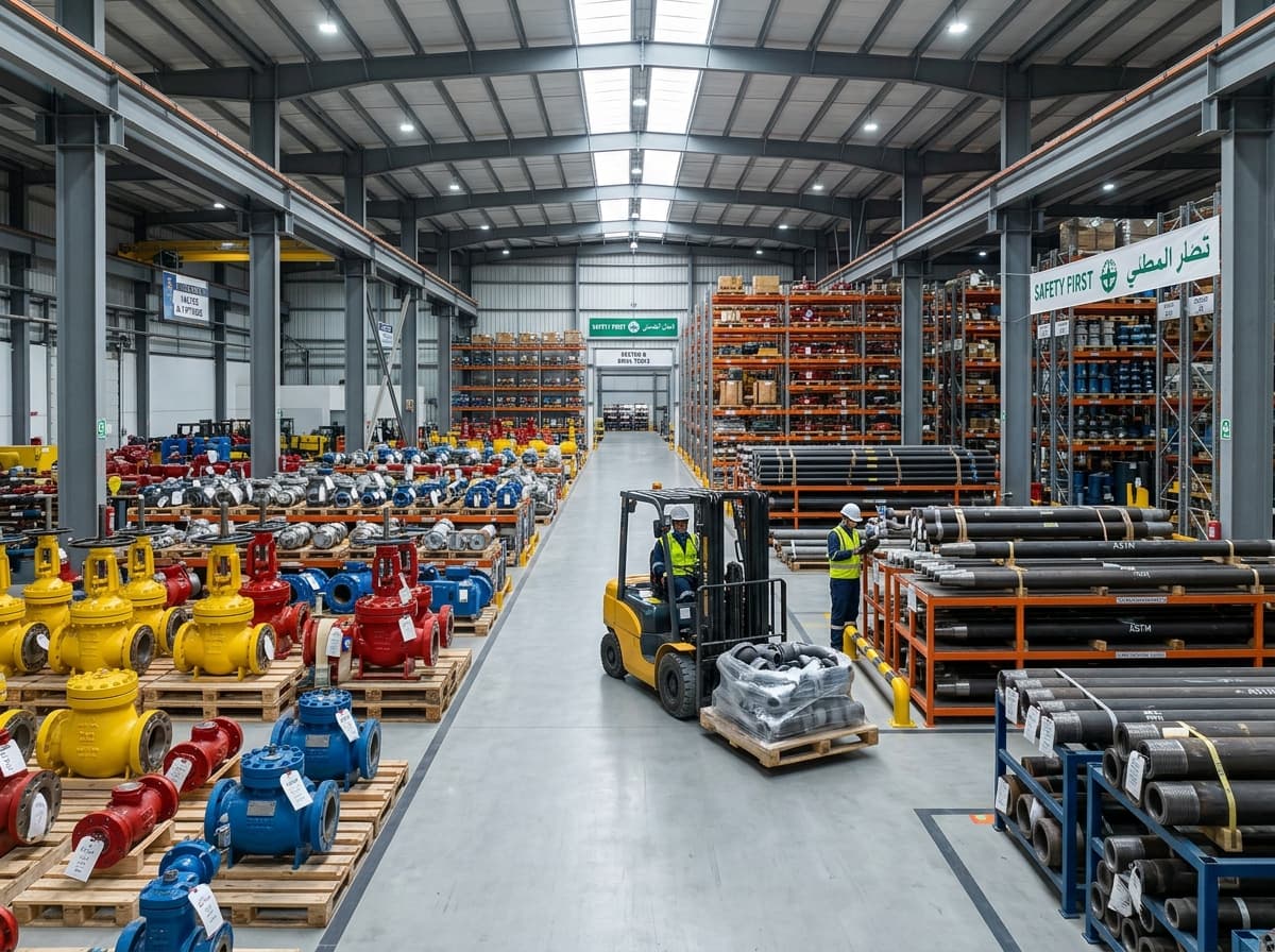 Modern industrial oilfield equipment warehouse and staging facility in Qatar