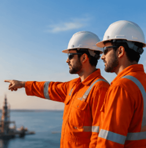 Two industrial engineers in protective equipment pointing forward on site
