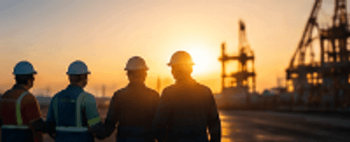Silhouette of industrial operations team at port terminal during sunset