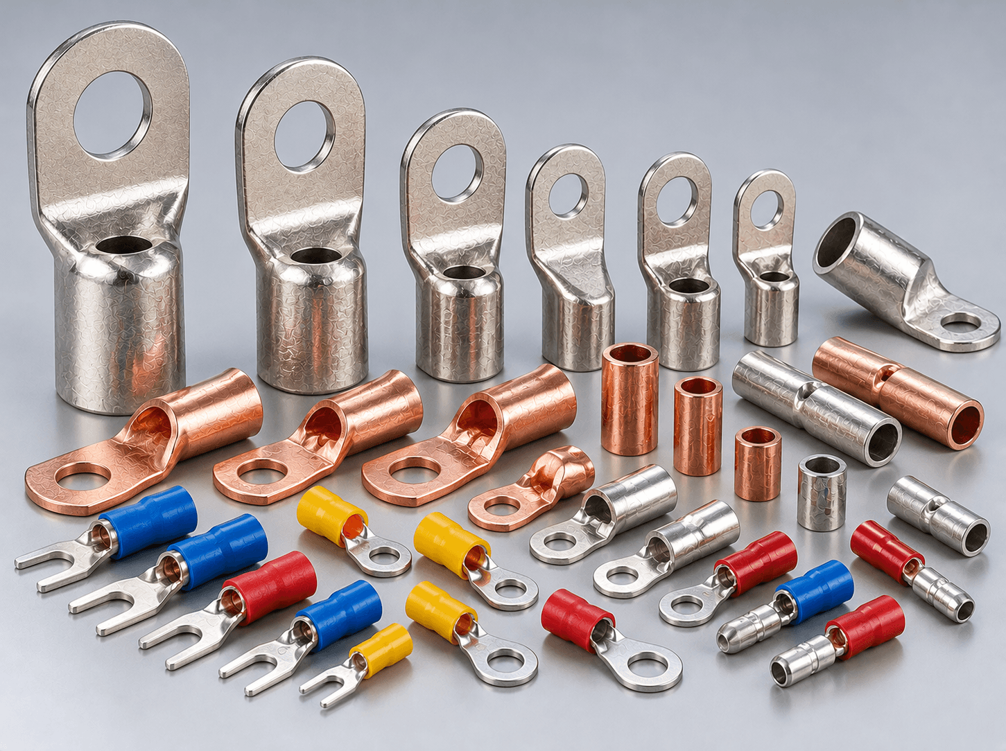Heavy-duty copper and tinned electrical cable lugs and crimp connectors