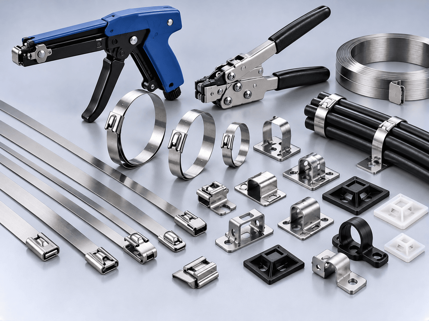 Stainless steel cable tie tensioning tools and hardware accessories
