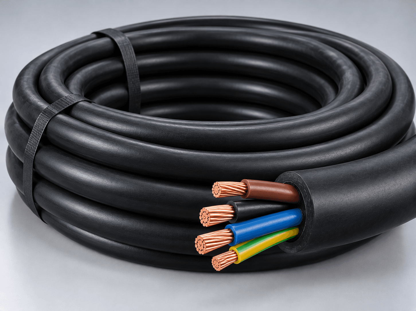 Industrial low voltage LV cable coil with exposed copper cores