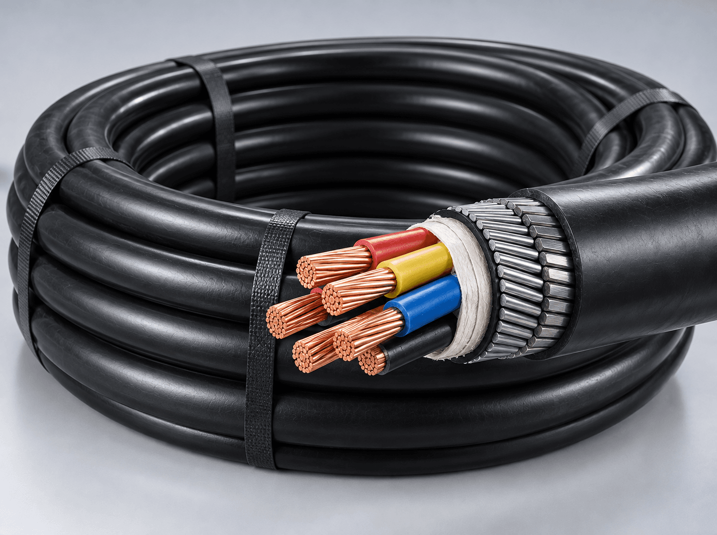 Armoured marine power cable cutaway coil with multi-layer insulation
