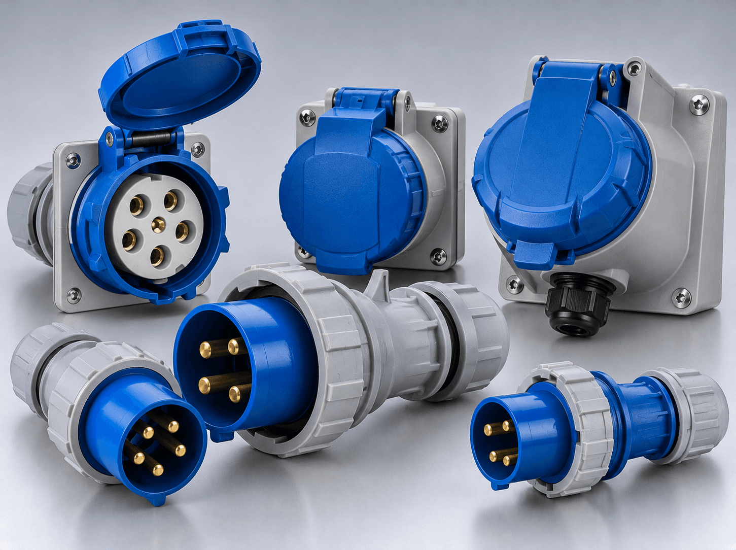 Weatherproof industrial blue power plugs, sockets, and connectors