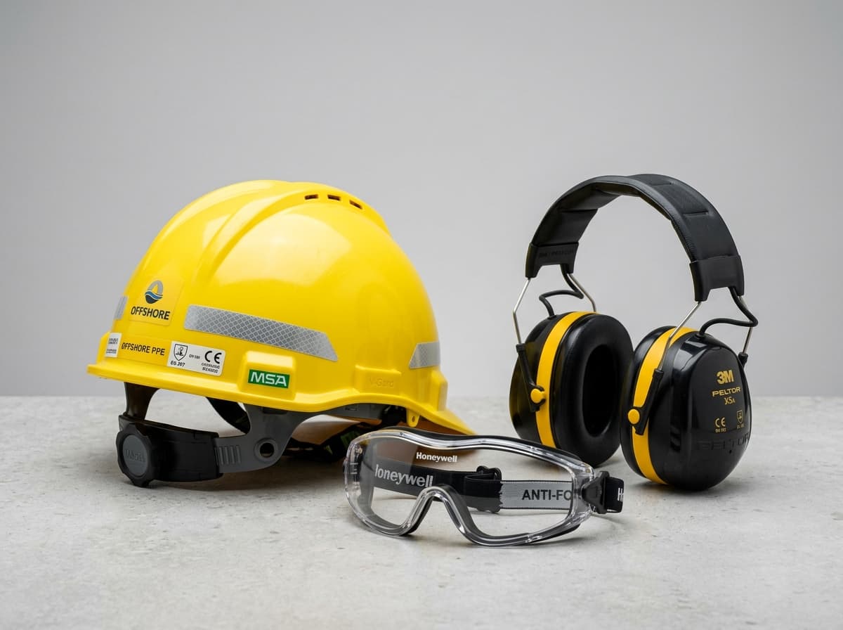 Offshore safety helmet, goggles and ear protection PPE
