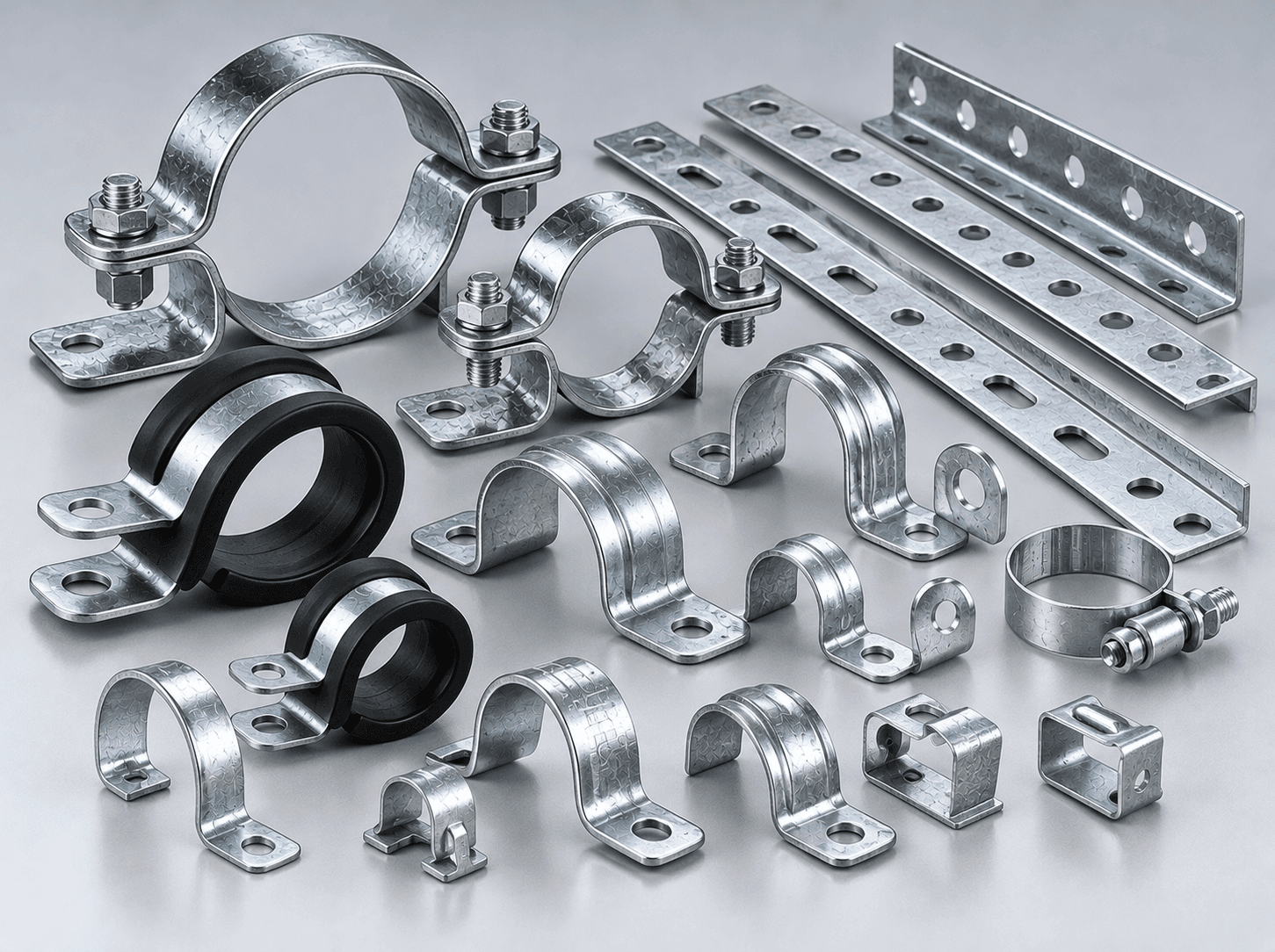 Galvanized pipe clamping clips, mounting brackets, and channel strips