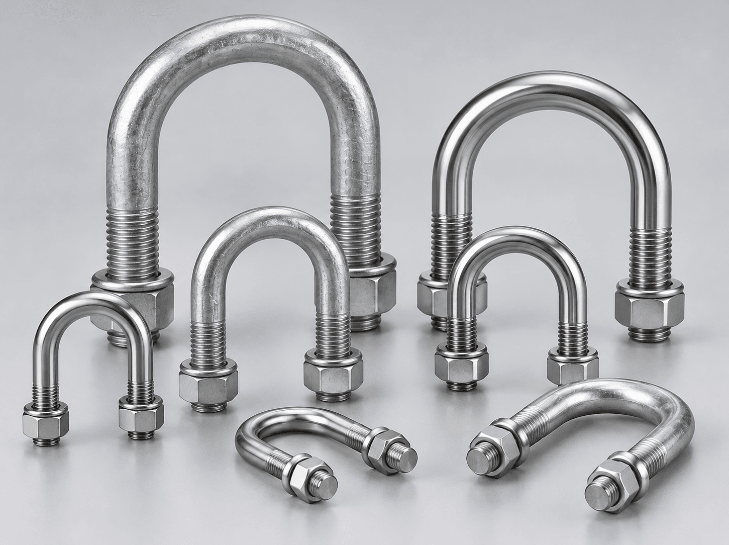 Industrial pipe clamping U-Bolt collection with nuts and washers